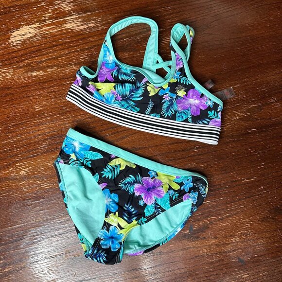 Girls Two-Piece Tropical Floral Swimsuit Size 10 With Striped Band Accents - Picture 1 of 9